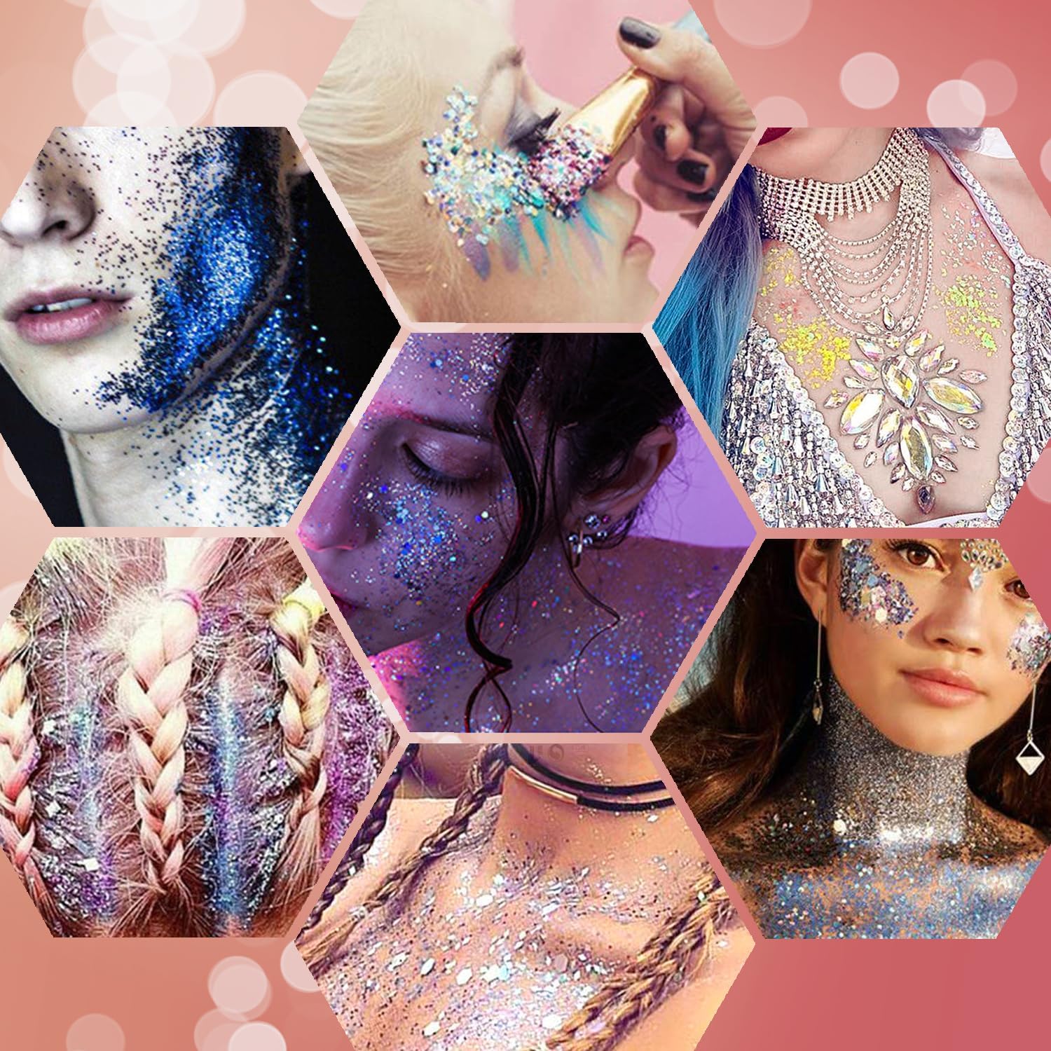 JASSINS 2 Pack Face Body Glitter, 100ml Pink and White Glitter Gel Makeup for Women Girls Kids, Singer Concerts Festival Rave Accessories, Chunky Mermaid Sequins Glitter - Image 3