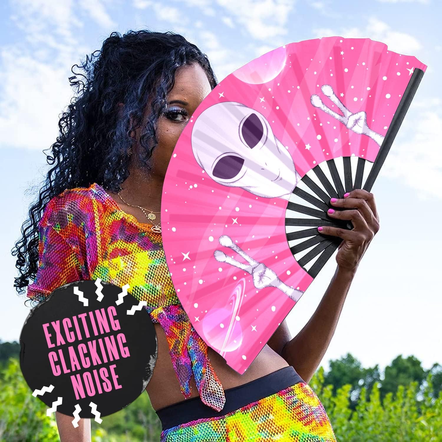 GloFX Rave Fan - Pink Alien - Large Folding Fan -Large Folding Fan for Rave Essentials, Festival Fans, and Alien Accessories - Hand Held Fan for Festival Outfits & EDM Vibes - Image 5