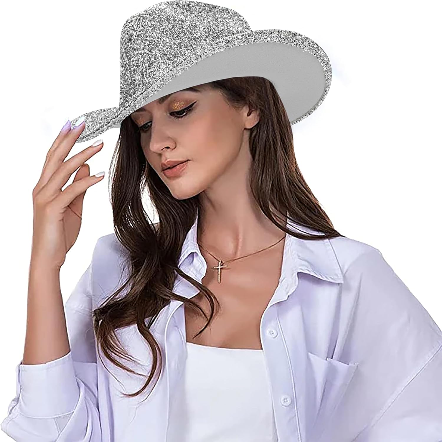 Silver Space Cowboy Hat - Sparkly Glitter Holographic Cowgirl Hat Rave Hat for Bachlorette Party Halloween(M) - Image 2