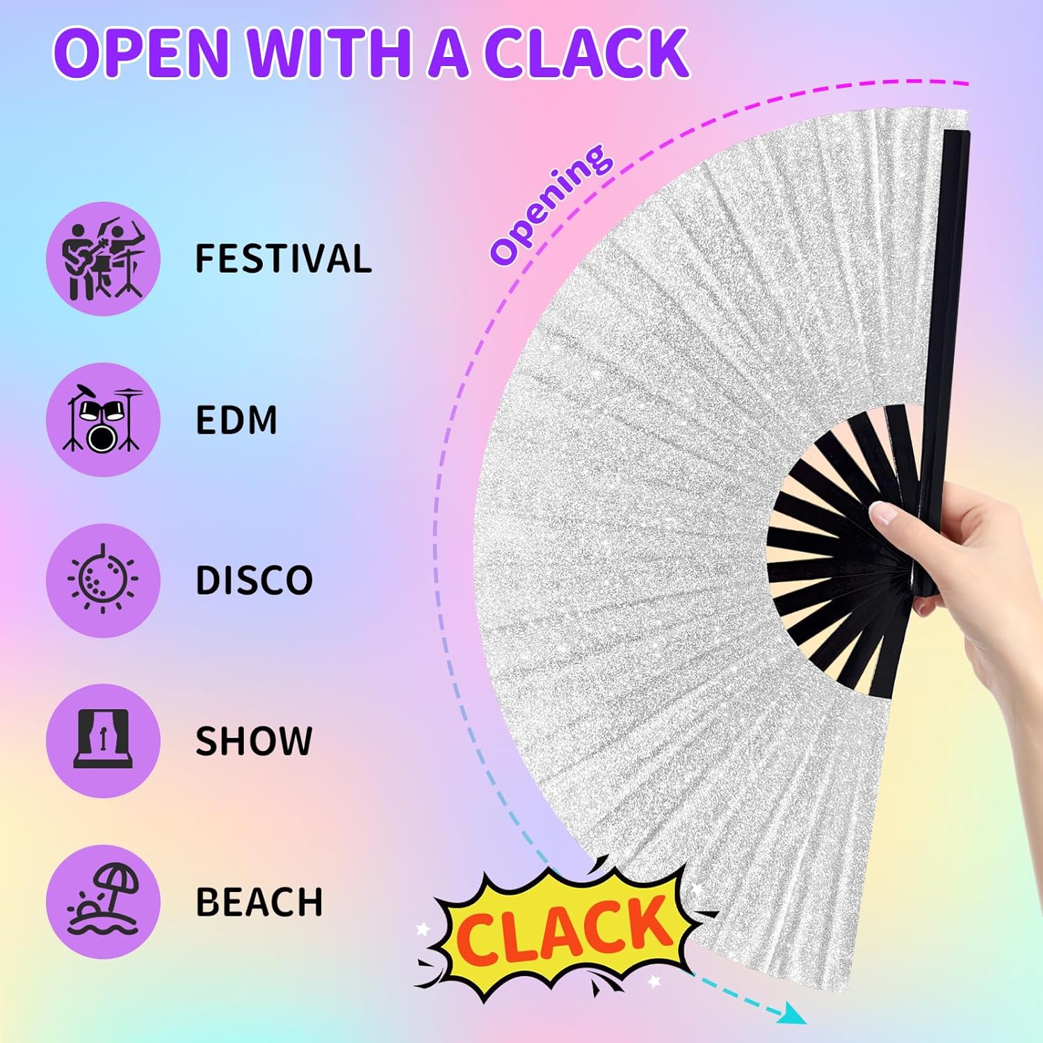 Large Glitter Rave Fan Folding Hand Fans for Line Dancing Portable Handheld Clack Fan for Festival EDM Party Music Outfit Accessories (Glitter White) - Image 4