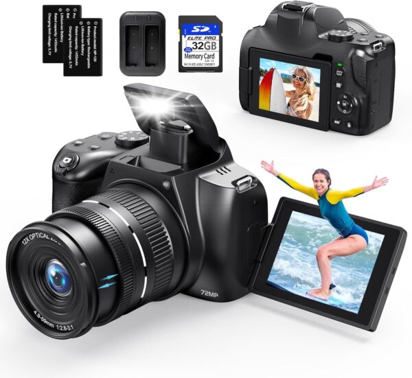 4K Digital Cameras for Photography, 12X Optical Zoom 72MP Vlogging Camera for YouTube with 270°Flip Screen, Autofocus & Anti-Shake Camera, 59mm Wide Angle & Macro Lens, 2 Batteries, 32GB SD Card