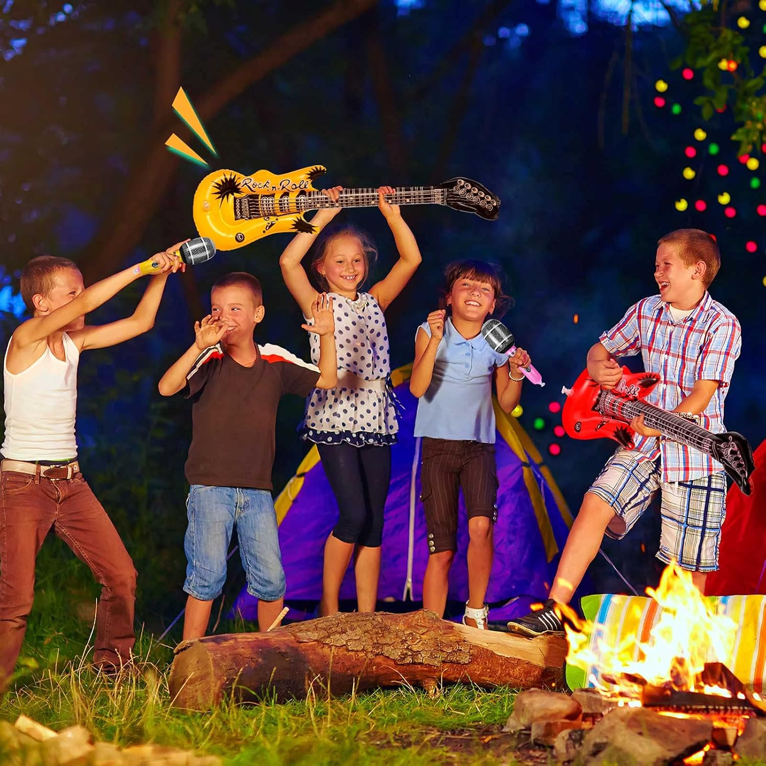 BBTO 15 Pcs Inflatable Rock Star Toy Set Party Props Musical Instrument Blow up Guitar Inflate 80s 90s Party Decorations Rock Band Bass Guitar Microphones Box Toys for Carnival Concert Favors - Image 5