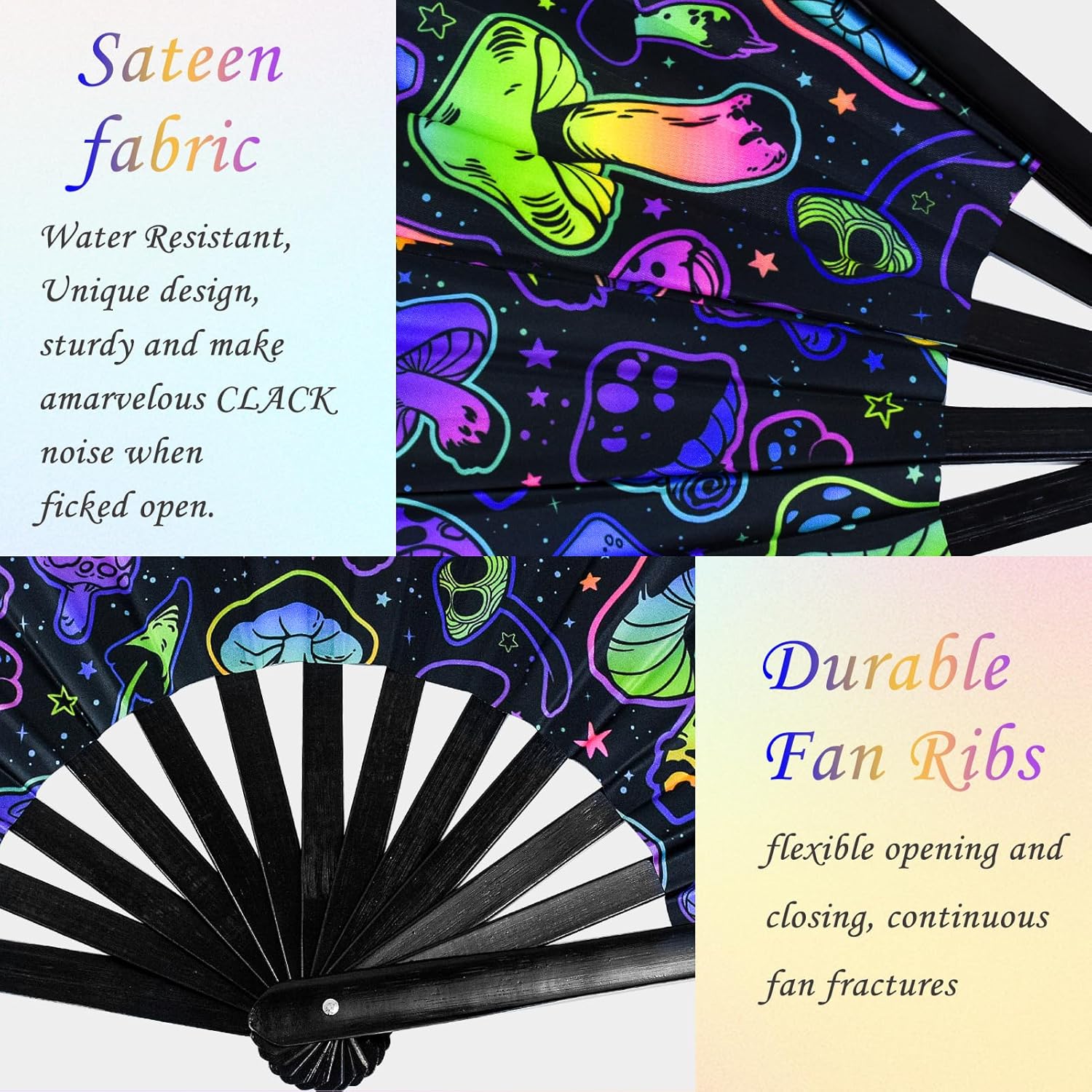 Rave Folding Fan, Large Rave Clack Folding Hand Fan UV Glow Popping Handheld Foldable Silk Fan for Music Party Drag Queene Dance Performance Decoration Gift - Image 4