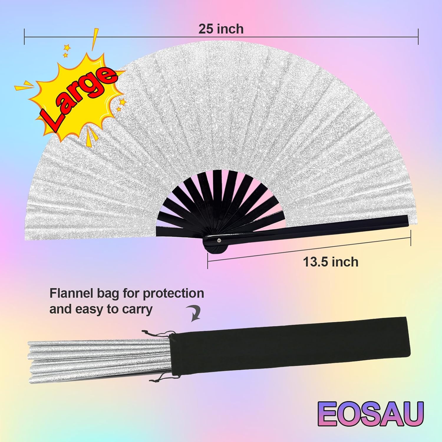 Large Glitter Rave Fan Folding Hand Fans for Line Dancing Portable Handheld Clack Fan for Festival EDM Party Music Outfit Accessories (Glitter White) - Image 2