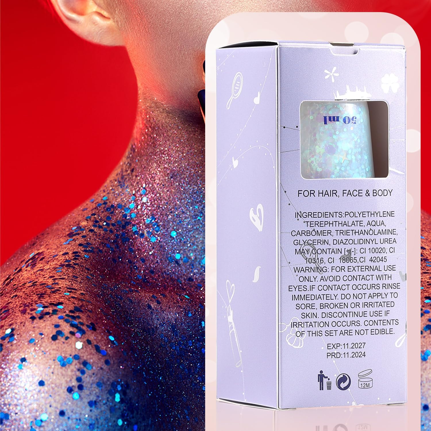 JASSINS 2 Pack Face Body Glitter, 100ml Pink and White Glitter Gel Makeup for Women Girls Kids, Singer Concerts Festival Rave Accessories, Chunky Mermaid Sequins Glitter - Image 6