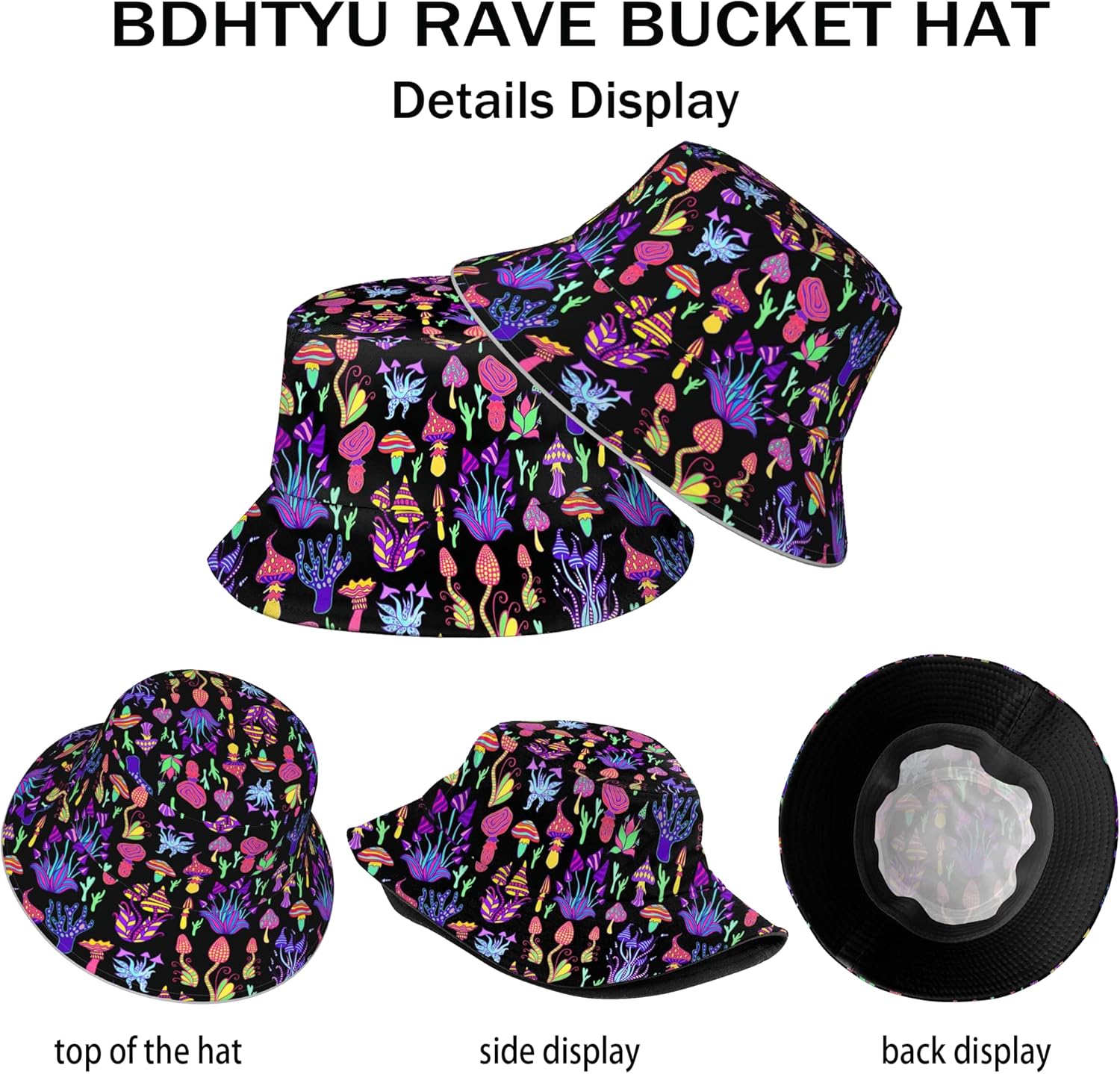 Mushroom Bucket Hats for Women Men Rave Trippy Festival Outfits Accessories for Women Summer Beach Sun Hat Packable Fisherman Cap Mushroom Gifts - Image 3