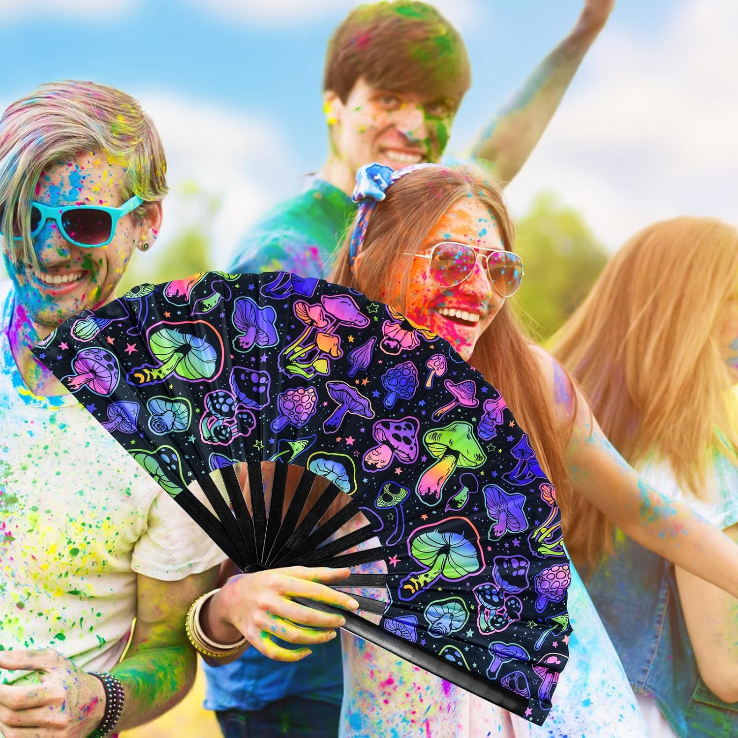 Rave Folding Fan, Large Rave Clack Folding Hand Fan UV Glow Popping Handheld Foldable Silk Fan for Music Party Drag Queene Dance Performance Decoration Gift - Image 7