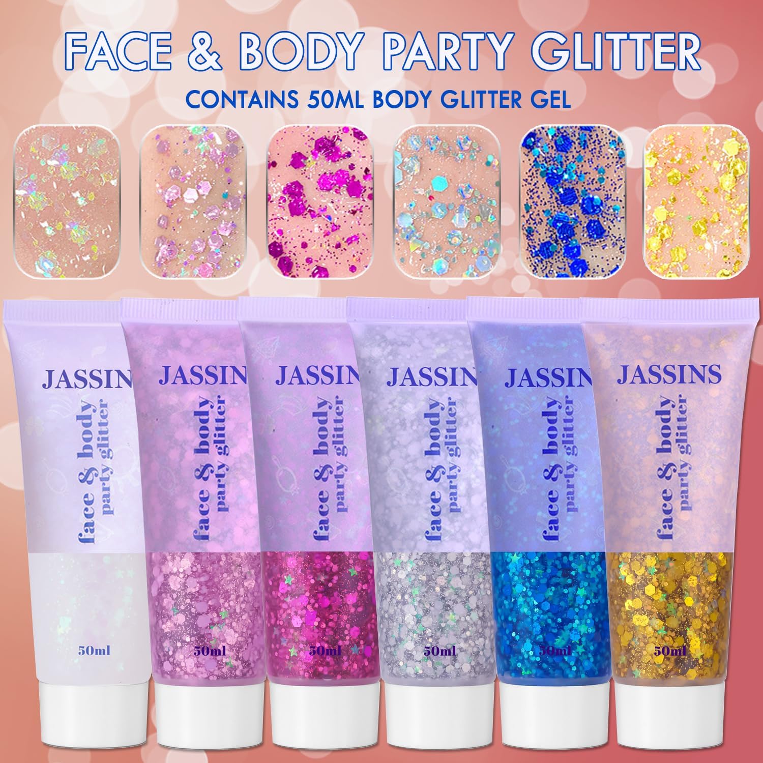 JASSINS 2 Pack Face Body Glitter, 100ml Pink and White Glitter Gel Makeup for Women Girls Kids, Singer Concerts Festival Rave Accessories, Chunky Mermaid Sequins Glitter - Image 2