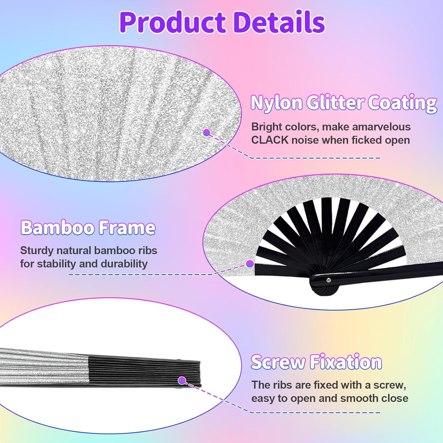 Large Glitter Rave Fan Folding Hand Fans for Line Dancing Portable Handheld Clack Fan for Festival EDM Party Music Outfit Accessories (Glitter White) - Image 3
