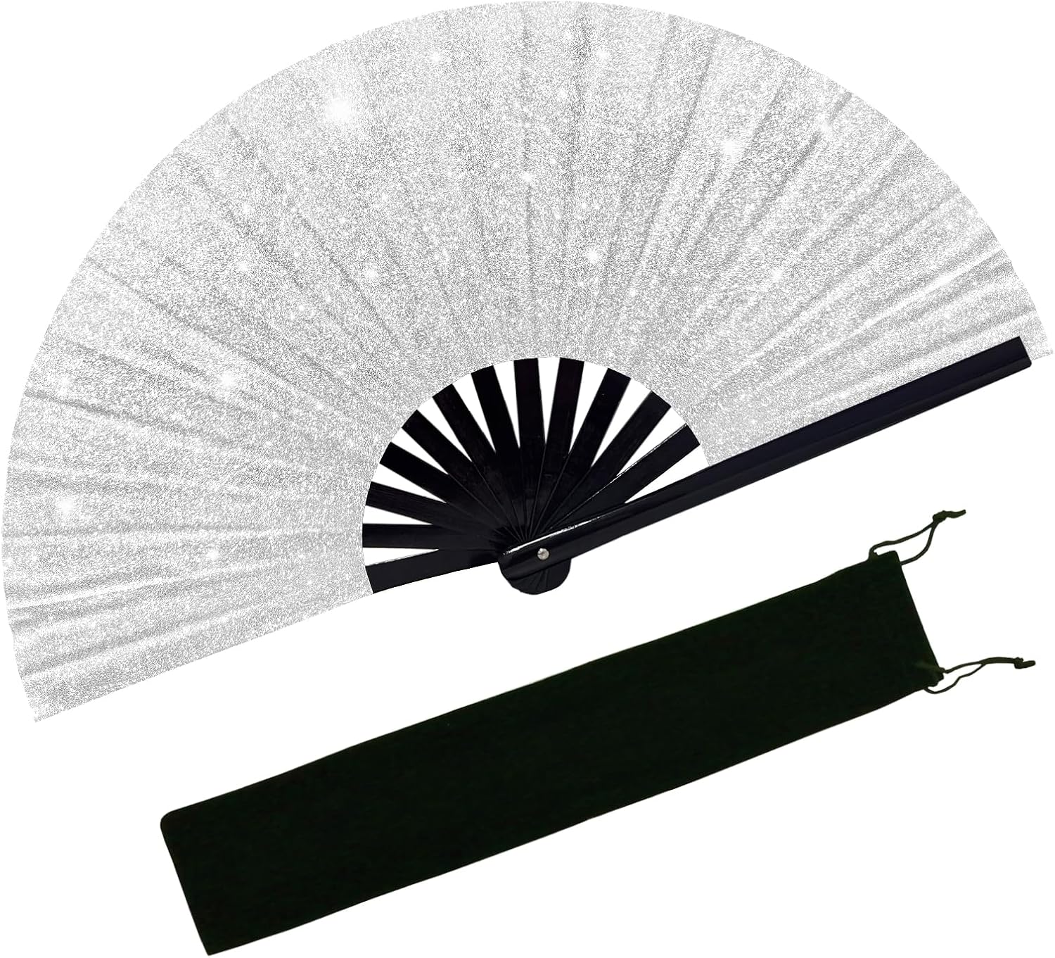 Large Glitter Rave Fan Folding Hand Fans for Line Dancing Portable Handheld Clack Fan for Festival EDM Party Music Outfit Accessories (Glitter White)