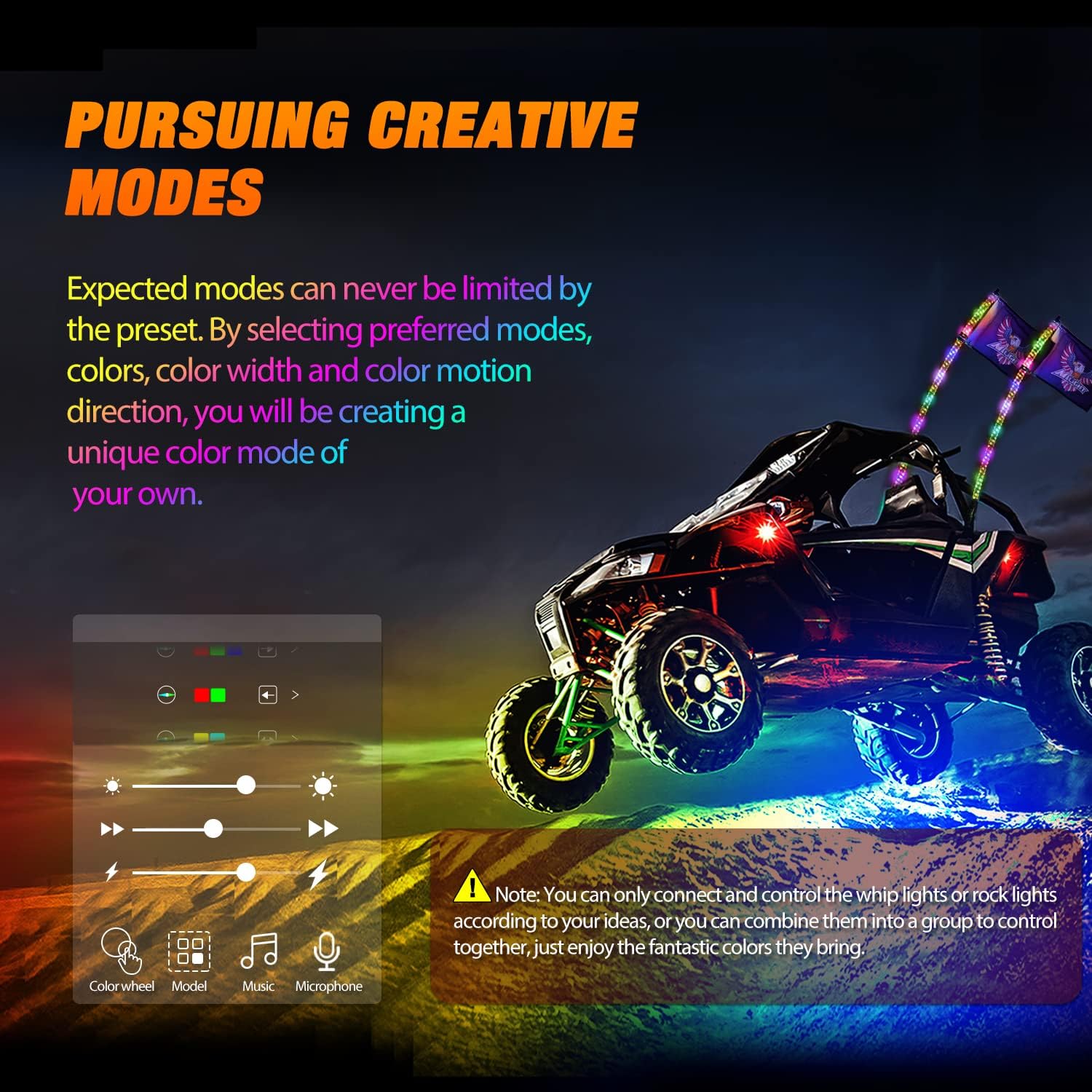 Nilight 2PCS 3FT RGB LED Whip Light and 4 PCS Rock Lights Combo, Remote & App Control w/DIY Chasing Patterns Stop Turn Reverse Safety Antenna Lighted Whips for ATV UTV - Image 4