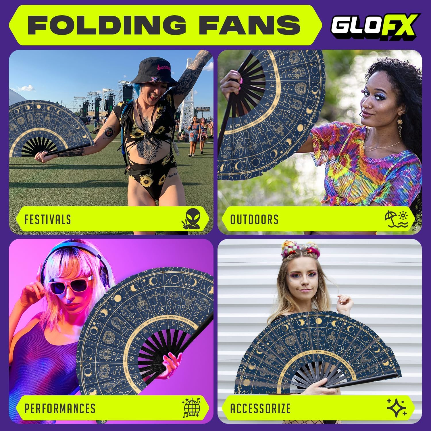 GloFX Rave Fan - Zodiac Signs - Large Folding Hand Fan Astrological Signs Designs for Festival Outfits, Cosmic Events - Perfect Accessory for Astrology Enthusiasts and Stargazers - Image 3