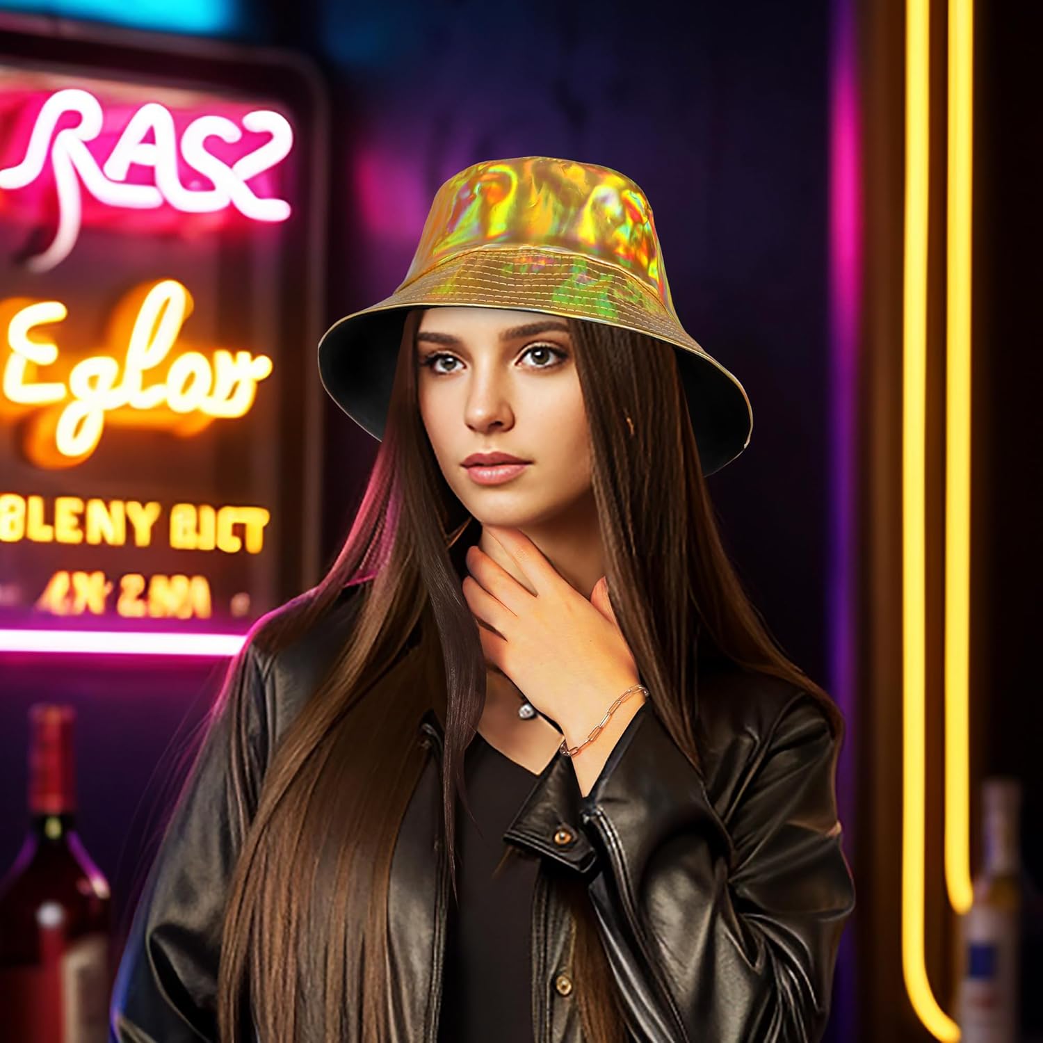 Manfnee Rave Bucket Hat for Men Women Waterproof Rain Hat Wide Brim Bucket Hat Metallic Party Hats - Image 3