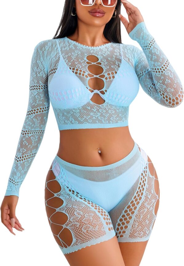 Avidlove Fishnet Lingerie Sets for Women Sexy Two Piece Rave Outfits Mesh Bodysuit Clubwear
