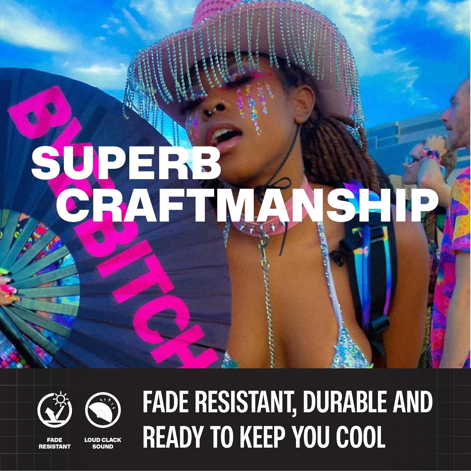 SoJourner Bags Rave Fan - Large Folding Fan - Clack Fan Hand Fan for Raves, Halloween, Burlesque, Rainbow Outfits for Women & Festival Accessories - Image 4