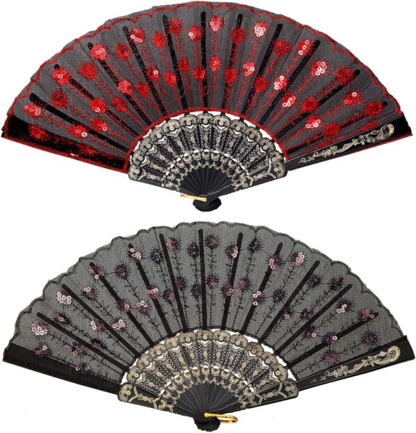 Jetec 2 Pieces Handheld Folding Fan Sequin Fabric Folding Lace Trim Fabric Rave Fan for Line Dancing Flamenco Spanish 1920s Costume Decoration(Red, Black)
