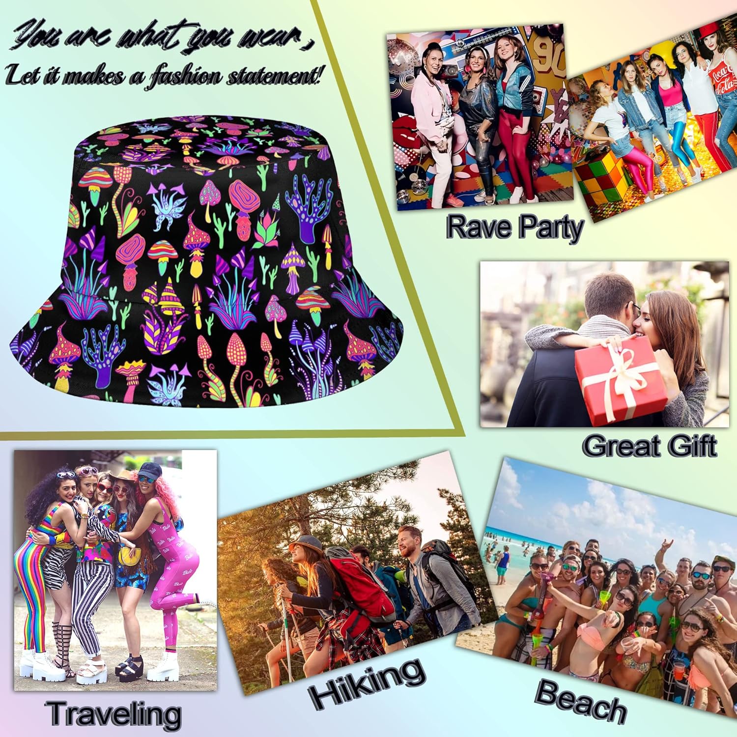 Mushroom Bucket Hats for Women Men Rave Trippy Festival Outfits Accessories for Women Summer Beach Sun Hat Packable Fisherman Cap Mushroom Gifts - Image 5
